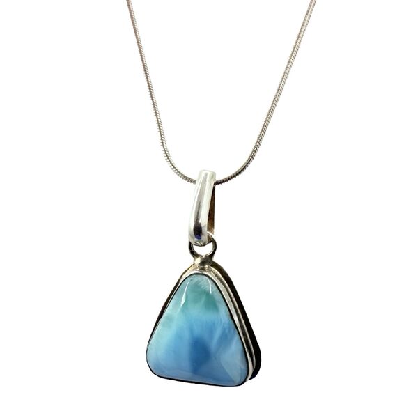 Larimar Triangle Pendant Necklace 24" 925 Sterling Silver Blue Crystal Stone - Picture 6 of 15
